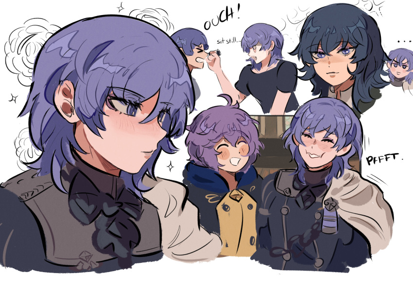 2boys, 2girls, absurdres, bernadetta_von_varley, blue_eyes, blue_hair, byleth_(fire_emblem), byleth_eisner_(female)