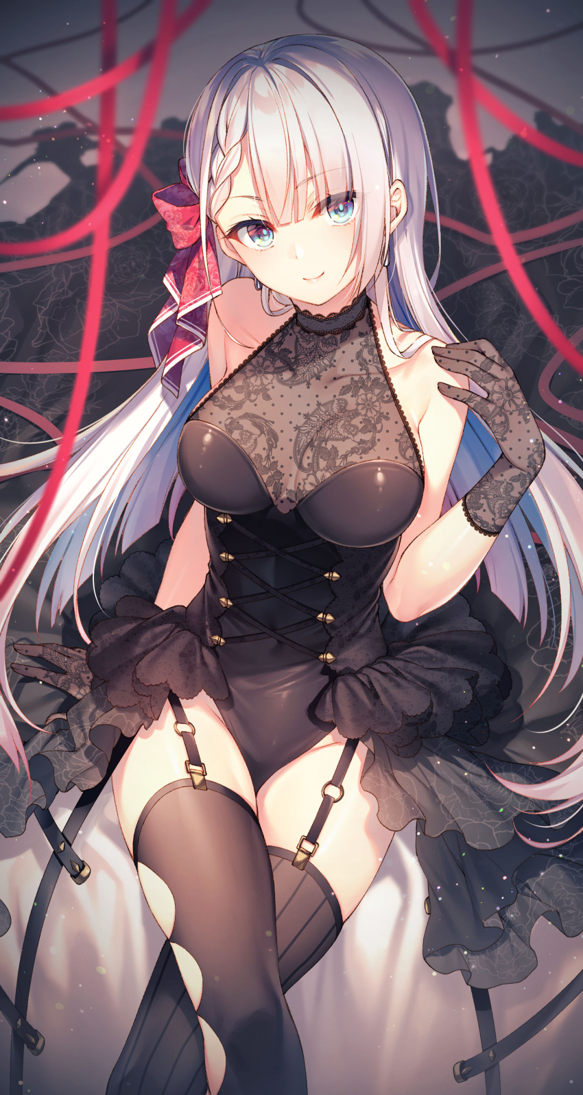 1girl, absurdres, black_dress, black_gloves, black_legwear, blue_eyes, crossed_legs, dress