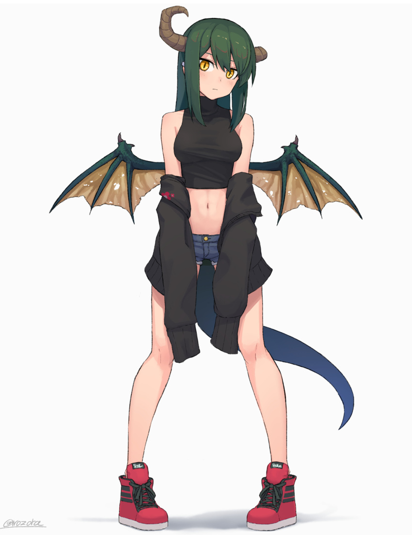1girl, bangs, bare_legs, black_jacket, black_shirt, blush, breasts, closed_mouth