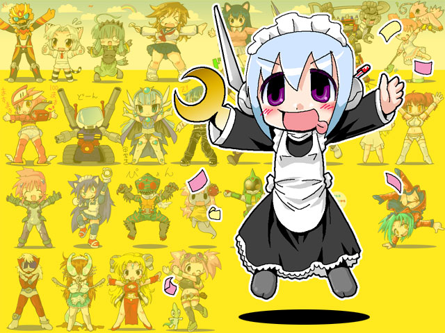 3ldkm, 4boys, 6+girls, andro_melos, andro_melos_(series), billbine, blonde_hair, blush, chibi, chousei_kantai_sazer-x, chouseishin_series, crossover, crystal_boy, daibouken, digimon, digimon_(creature), dinosaur_king, frills, fumimi, futaba_channel, galaxy_angel, godman, gogo_sentai_boukenger, gun, gundam, gundam_00, guntank, hayai, hoshino_darts, ike!_godman, kamen_rider, kamen_rider_amazon, kamen_rider_amazon_(series), konton_(nijiura_maids), lio-sazer, lyrical_nanoha, mahou_shoujo_lyrical_nanoha_strikers, maid, maid_headdress, mobile_suit_gundam, multiple_boys, multiple_girls, nena_trinity, nijiura_maids, numbers_(nanoha), piyomon, purple_eyes, ranpha_franboise, seisenshi_dunbine, sonic_(series), space_adventure_cobra, super_sentai, tatsuno_malm, ultra_series, weapon, wendi_(nanoha)