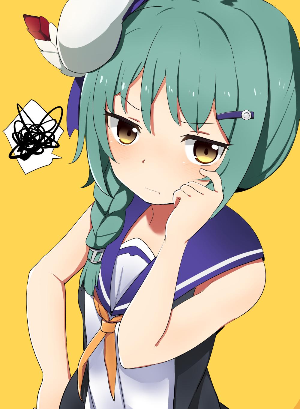 1girl, azur_lane, bangs, beret, braid, dress, feathers, foote_(azur_lane), green_hair, hair_ornament, hair_over_shoulder, hairclip, hat, hat_feather, highres, looking_at_viewer, multicolored, multicolored_clothes, multicolored_dress, neckerchief, sailor_collar, sailor_dress, side_braid, simple_background, single_braid, sleeveless, sleeveless_dress, solo, speech_bubble, spoken_squiggle, squiggle, tonari_(ichinichime_azuma), two-tone_dress, upper_body, white_headwear, yellow_background, yellow_eyes, yellow_neckwear