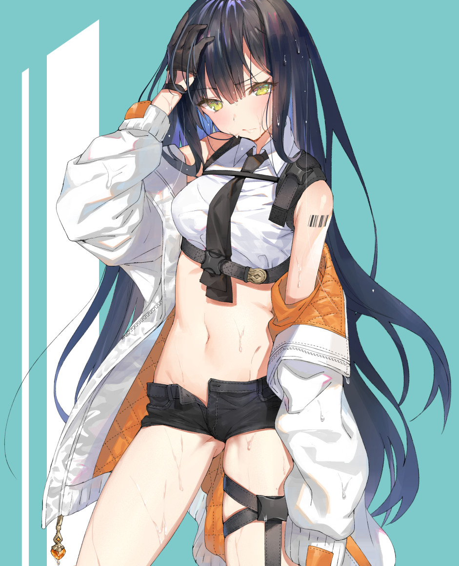 1girl, ass_visible_through_thighs, barcode_tattoo, bare_shoulders, belt, black_gloves, black_hair, black_neckwear