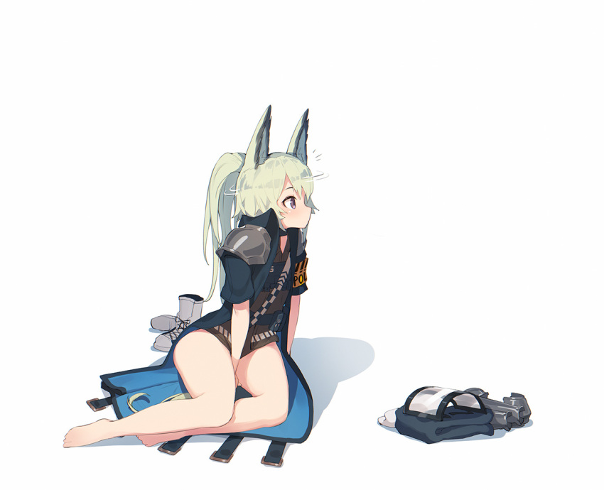 1girl, animal_ears, arknights, barefoot, blonde_hair, boots_removed, ce-_-3, coat