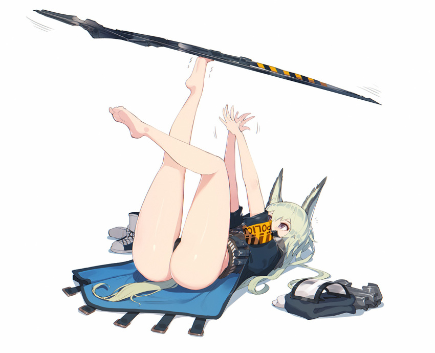 1girl, animal_ears, arknights, ass, balancing, barefoot, black_panties, blonde_hair
