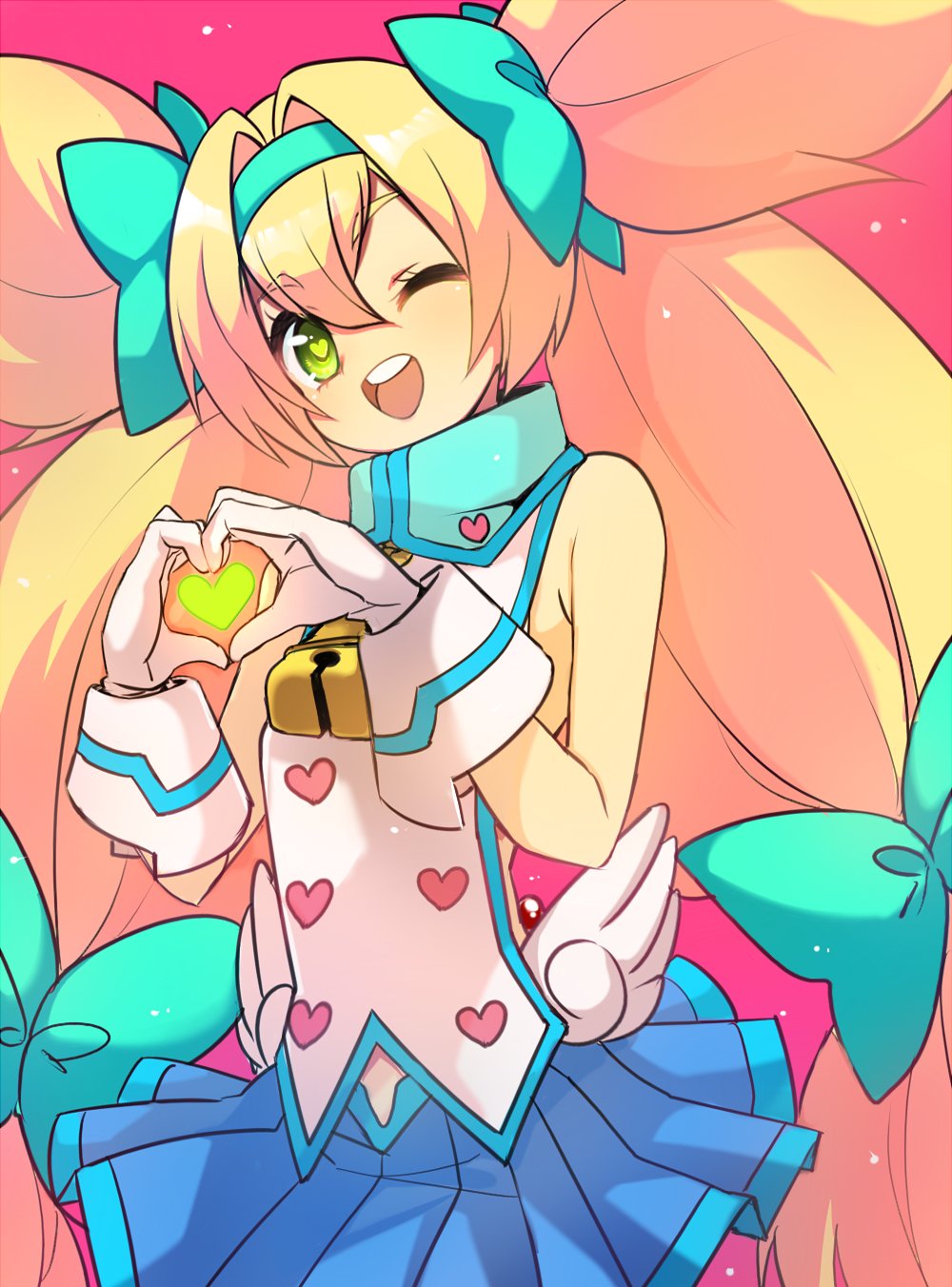 1girl, bell, blazblue, blonde_hair, blush, bow, eyebrows_visible_through_hair, flat_chest
