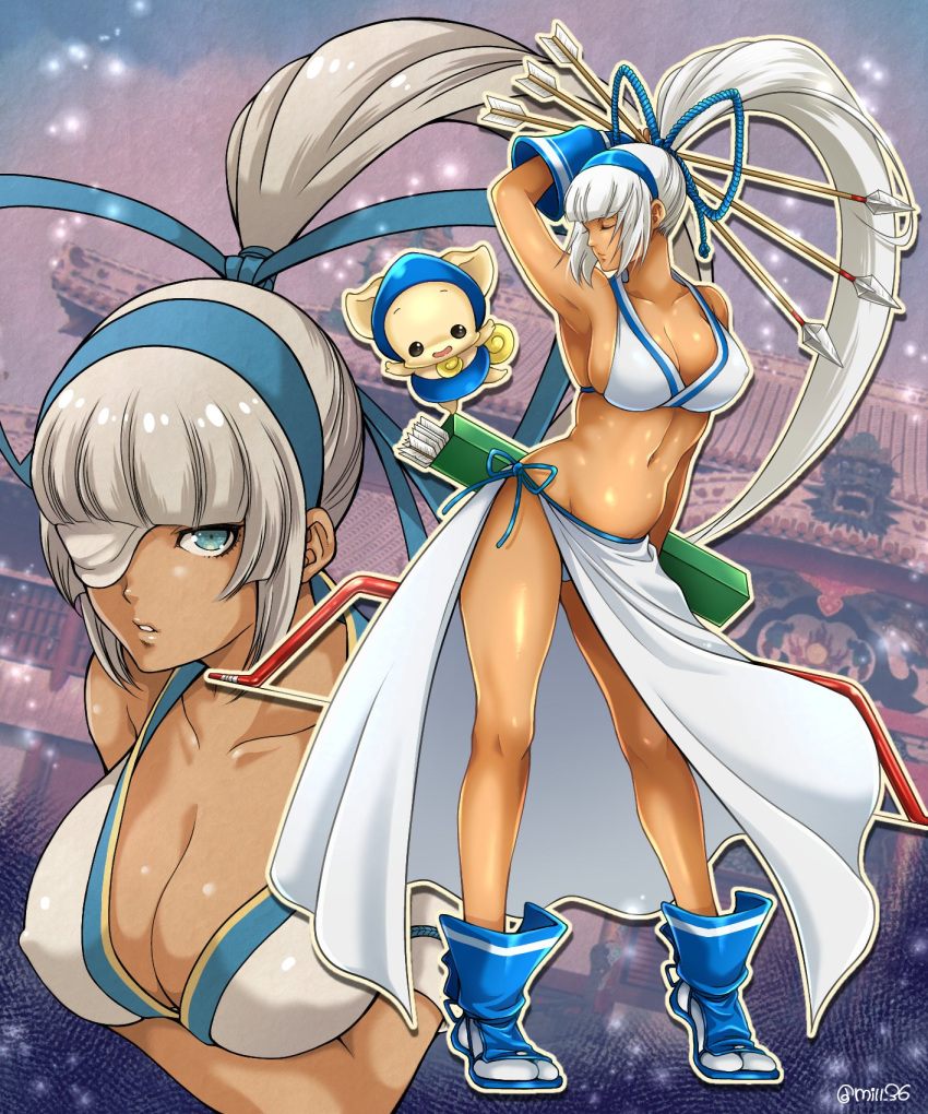 1girl, arrow, blue_eyes, bow_(weapon), breasts, covered_nipples, eyepatch, highres