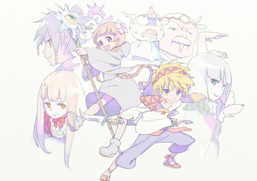 3boys, 3girls, bandana, bangs, black_hair, blonde_hair, blunt_bangs, braid