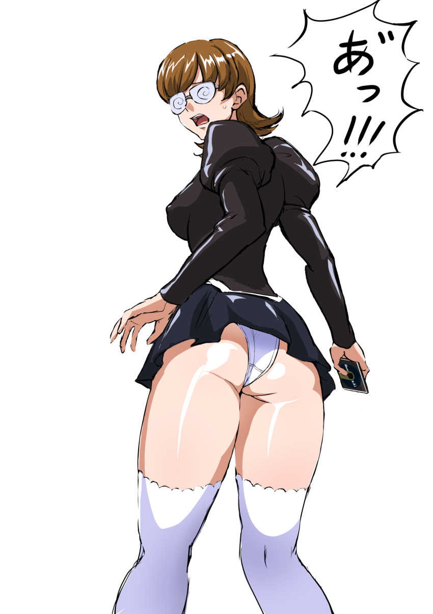 1girl, agent_aika, aika_(series), ass, bangs, black_delmo, black_jacket, black_skirt