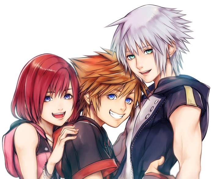 1girl, 2boys, blue_eyes, brown_hair, commentary_request, green_eyes, jewelry, kairi_(kingdom_hearts), kingdom_hearts, kingdom_hearts_iii, looking_at_viewer, medium_hair, mim_(mimya0600), multiple_boys, open_mouth, redhead, riku, silver_hair, simple_background, smile, sora_(kingdom_hearts), spiky_hair, white_background