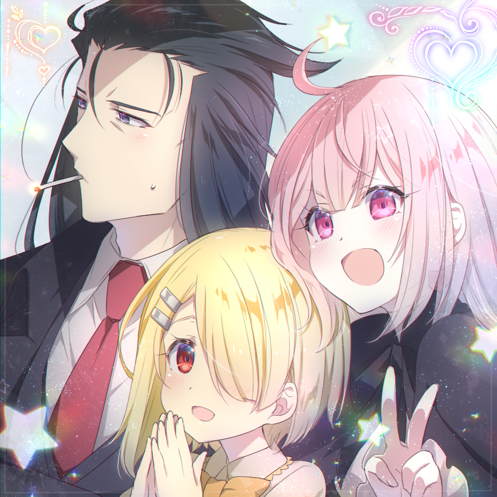 1boy, 2girls, :d, aku_(maou-sama_retry!), bangs, black_hair, black_jacket, blonde_hair