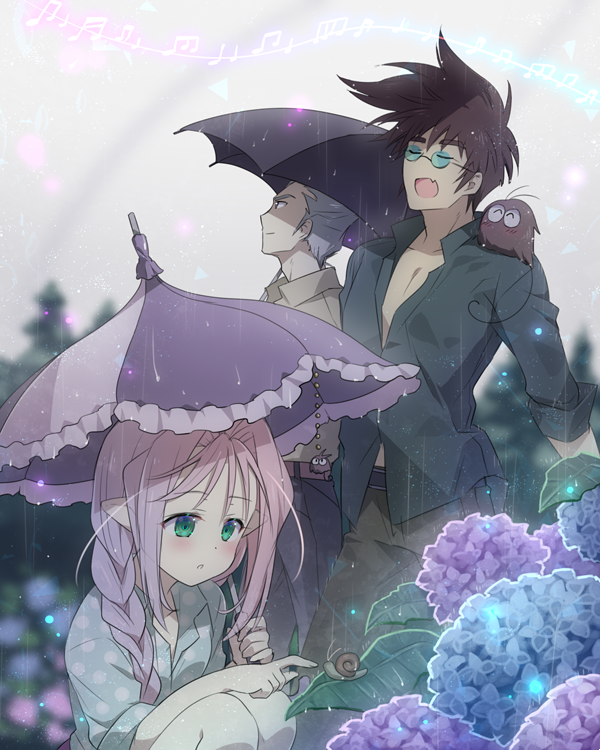 1girl, 2boys, animal, animal_on_shoulder, bangs, belt, black_shirt, black_umbrella, blue-tinted_eyewear, blue_flower, blurry, blurry_background, blush, braid, brown_hair, brown_pants, closed_eyes, collarbone, collared_shirt, dress_shirt, flower, frilled_umbrella, green_eyes, grey_shirt, guvava, hair_between_eyes, hair_intakes, holding, holding_umbrella, hydrangea, kizaki_gamlin, long_hair, macross, macross_7, multiple_boys, mylene_jenius, nekki_basara, open_clothes, open_shirt, pants, pink_hair, pointy_ears, purple_flower, purple_umbrella, rain, round_eyewear, shirt, side_braid, silver_hair, single_braid, snail, soukuu_kizuna, spiky_hair, squatting, sunglasses, umbrella, wing_collar