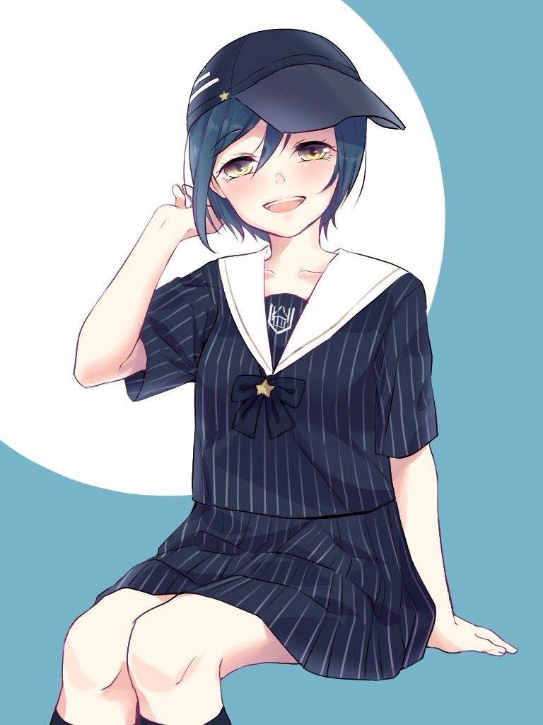 1girl, :d, arm_support, baseball_cap, black_headwear, black_legwear, black_neckwear, black_shirt
