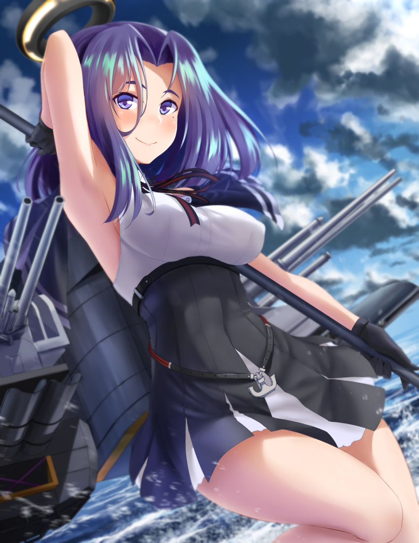 1girl, black_dress, black_gloves, blue_sky, cannon, clouds, day, dress, glaive, gloves, hair_intakes, highres, holding, holding_weapon, kantai_collection, mechanical_halo, motomatsu_naoki, outdoors, pleated_dress, polearm, purple_hair, rigging, short_dress, short_hair, sky, sleeveless, sleeveless_dress, smile, solo, tatsuta_(kantai_collection), turret, violet_eyes, weapon