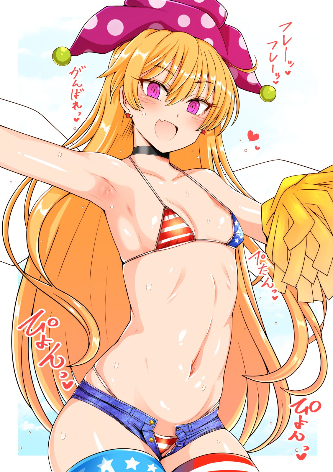 1girl, :d, american_flag_bikini, american_flag_legwear, armpits, bangs, bare_shoulders, bikini