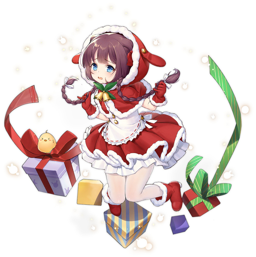 1girl, azur_lane, bell, blue_eyes, boots, box, braid, brown_hair