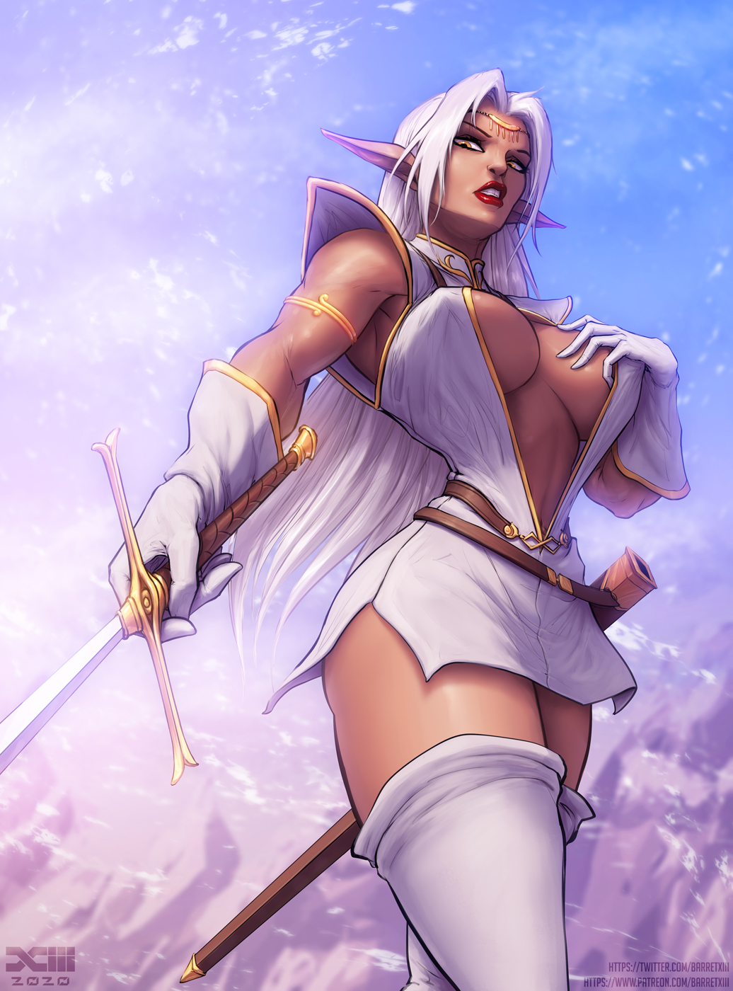 1girl, armlet, barretxiii, belt, boots, breasts, breasts_apart, circlet, cleavage_reach, covered_nipples, dark_elf, dark_skin, disgust, dress, elf, from_below, gloves, highres, holding, holding_sword, holding_weapon, large_breasts, lips, lipstick, long_hair, looking_down, makeup, mascara, navel, no_bra, nose, orange_eyes, outdoors, pirotess, plunging_neckline, pointy_ears, record_of_lodoss_war, revealing_clothes, scabbard, sheath, short_dress, side_slit, silver_hair, solo, sword, thigh-highs, thigh_boots, weapon, white_dress, white_footwear, white_gloves