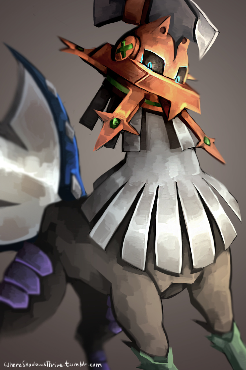 blue_eyes, commentary, creature, defiant_drills, english_commentary, gen_7_pokemon, grey_background, highres