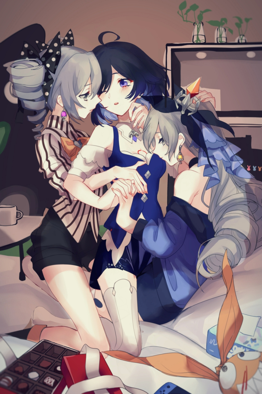 3girls, bare_shoulders, black_hair, black_shorts, blood, blue_eyes, blue_hair, blue_shirt