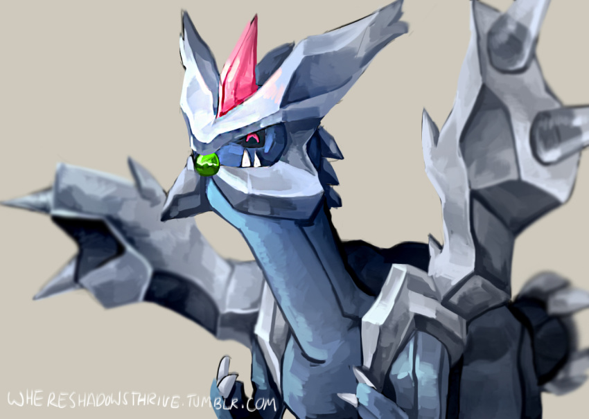 alternate_color, claws, commentary, creature, defiant_drills, eating, english_commentary, grey_background, kyurem, legendary_pokemon, mouth_hold, no_humans, pink_eyes, poke_puff, pokemon, pokemon_(creature), shiny_pokemon, solo, upper_body, watermark, web_address, wings
