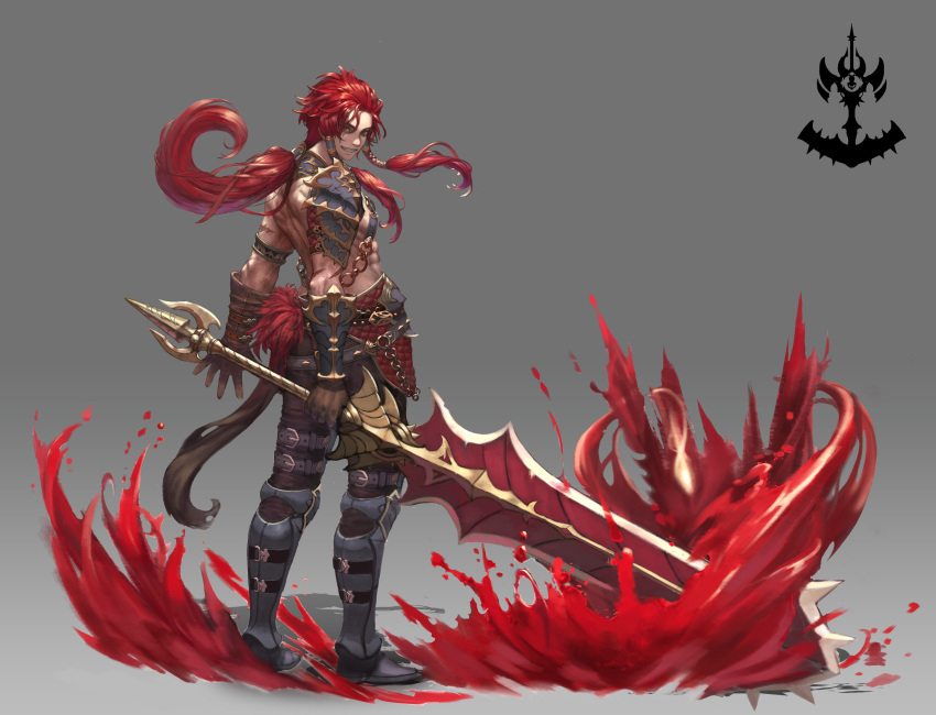 1boy, abs, absurdres, armor, blood, brown_gloves, deepmaru, facial_scar
