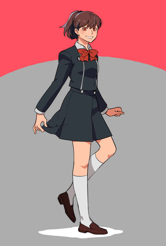 1girl, bow, brown_hair, commentary_request, female_protagonist_(persona_3), hair_ornament, hairclip, ine_(goin), looking_at_viewer, persona, persona_3, persona_3_portable, red_eyes, school_uniform, short_hair, simple_background, skirt, smile, solo
