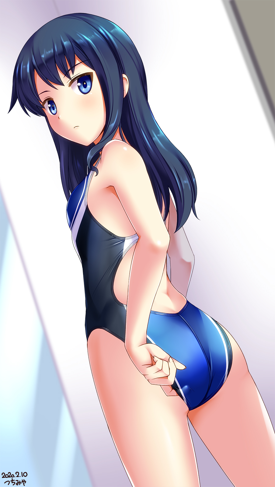 1girl, adjusting_clothes, adjusting_swimsuit, artist_name, asashio_(kantai_collection), ass, back, black_hair