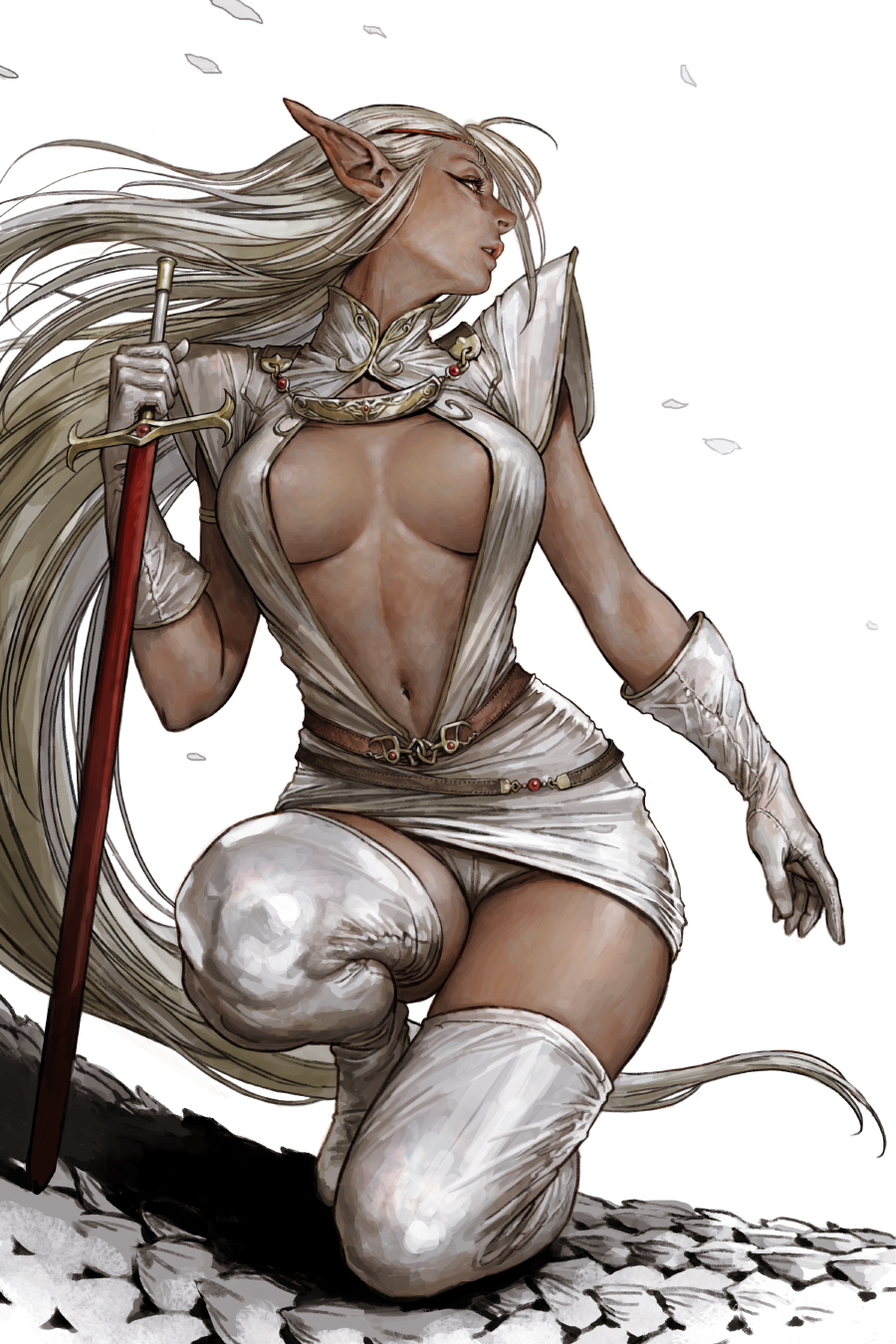 1girl, boots, breasts, breasts_apart, circlet, dark_elf, dark_skin, elf