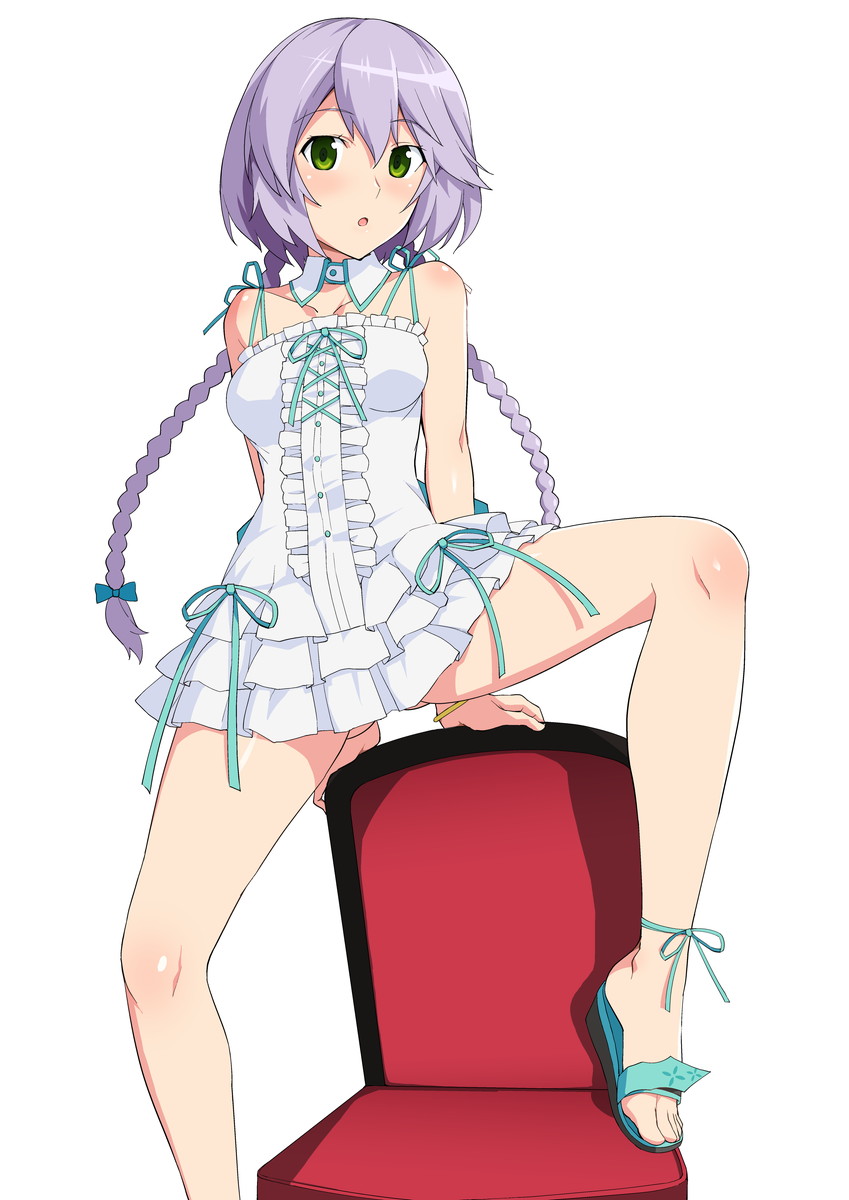 :o, akiba's_trip, akiba's_trip_2, arm_support, ass_visible_through_thighs, braid, chair, collarbone, detached_collar, eyebrows_visible_through_hair, green_eyes, haruhisky, highres, lavender_hair, simple_background, spread_legs, tokikaze_shizuku, twin_braids, white_background