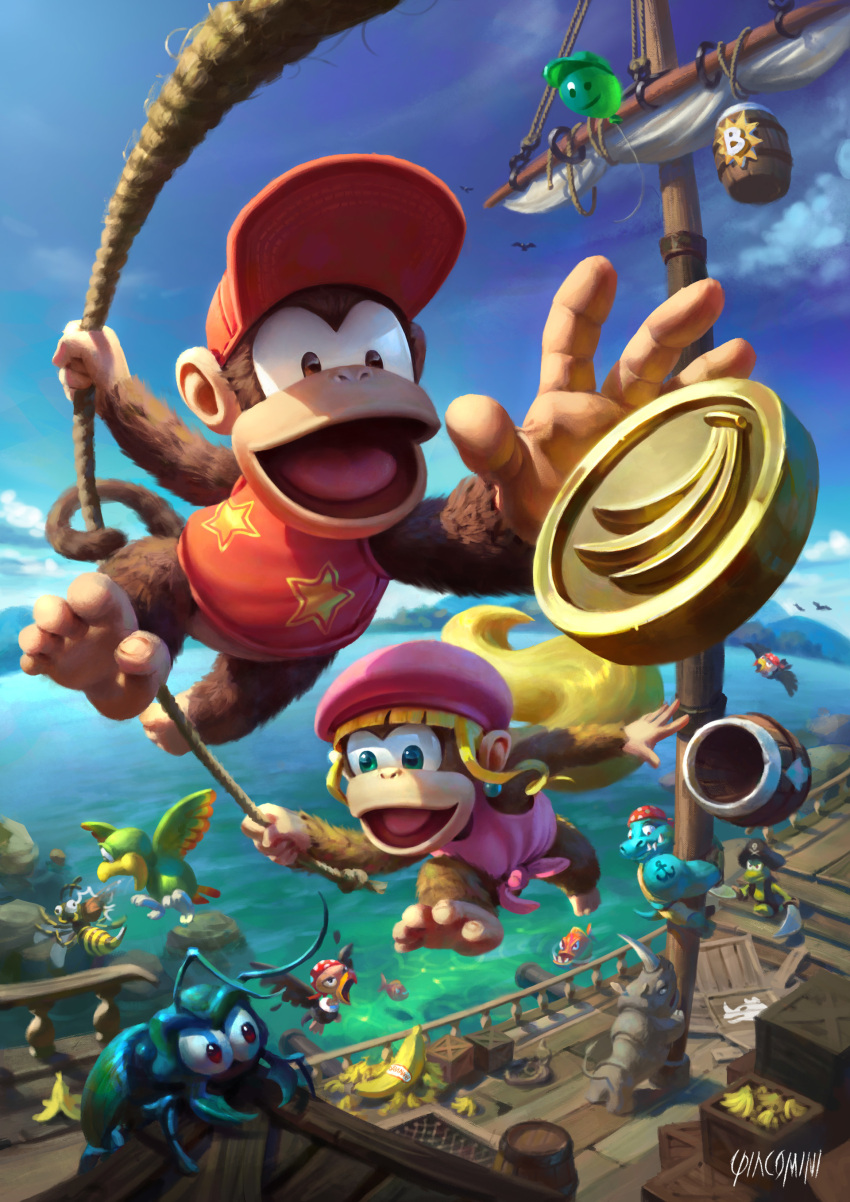 absurdres, artist_name, balloon, banana, barrel, baseball_cap, blonde_hair, brown_eyes