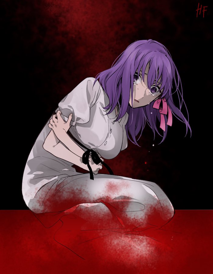 1girl, bent_over, clutching_chest, crying, fate/stay_night, fate_(series), hair_ribbon, heaven's_feel, injury, kneeling, leaning_forward, long_hair, matou_sakura, pool_of_blood, purple_hair, ran_(ran_0605), ribbon, sad, solo, tears, type-moon, ufotable, violet_eyes
