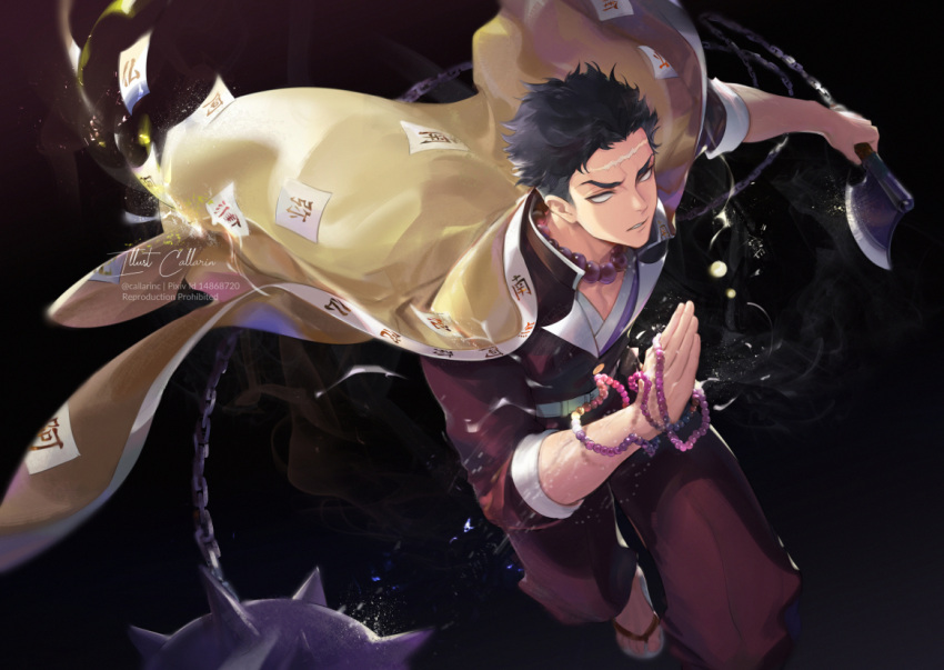 1boy, axe, beads, black_hair, callarinc, flail, haori, himejima_gyoumei