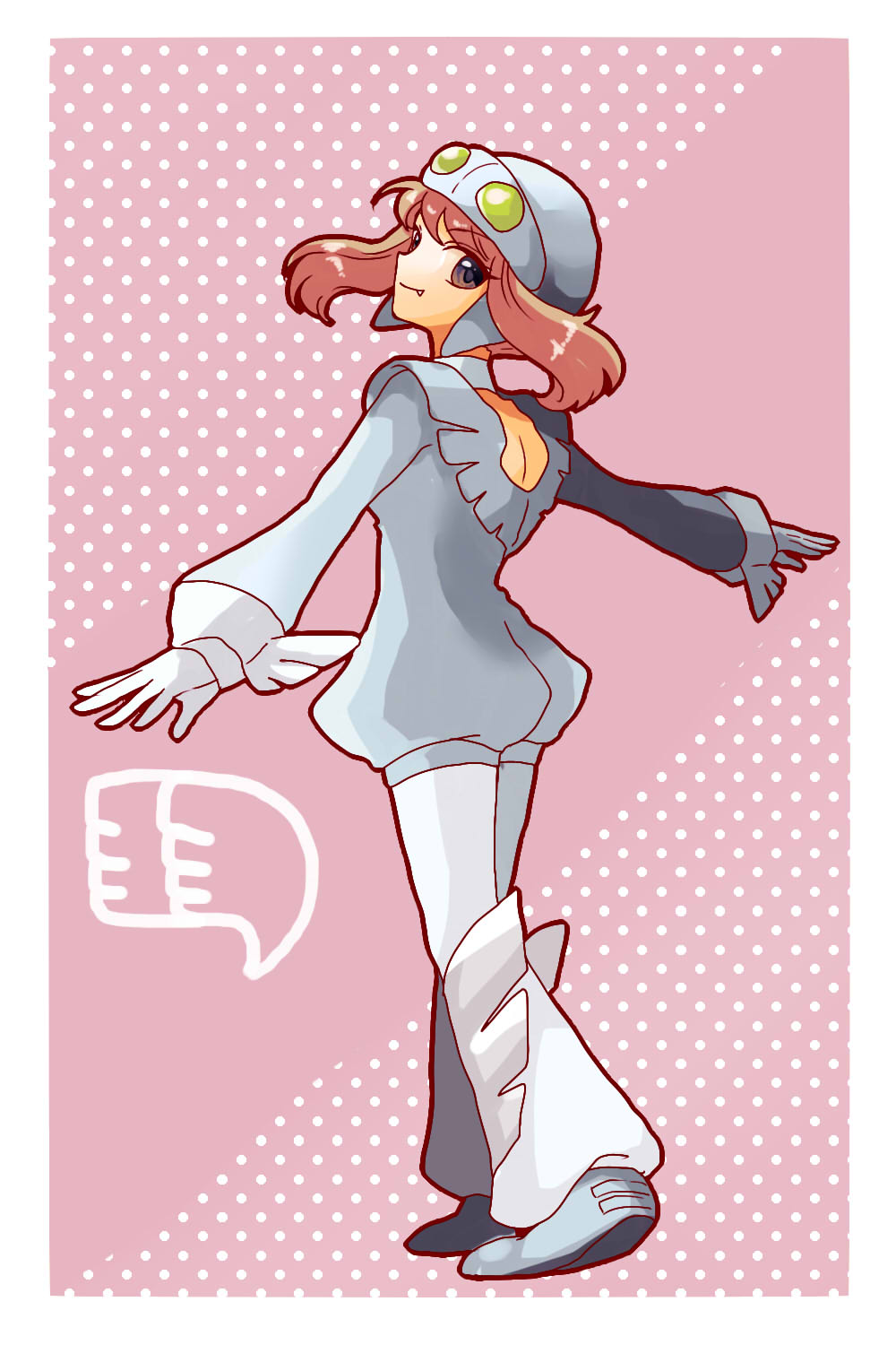 1girl, badge, badge_(pokemon), black_eyes, brown_hair, commentary_request, cosplay, fang
