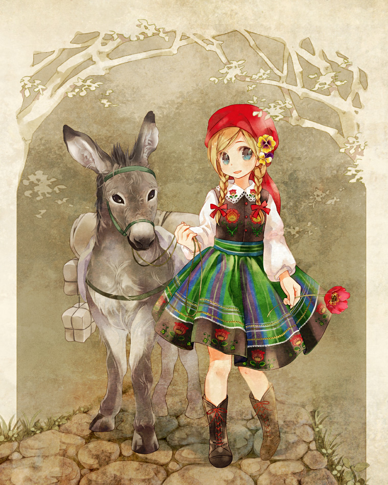1girl, animal, bandana, bangs, blonde_hair, blouse, blush, boots
