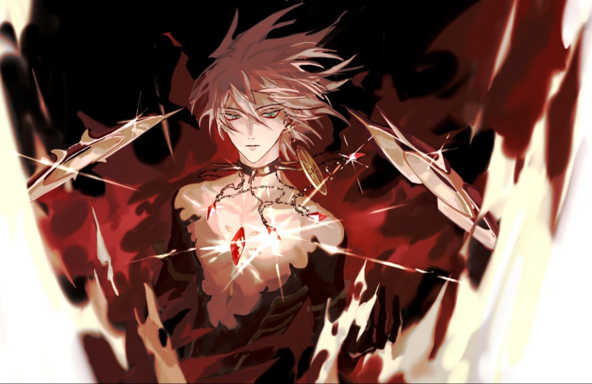 1boy, blue_eyes, burning_garment_of_three_gods, collar, eyeliner, fate/apocrypha, fate_(series), fire
