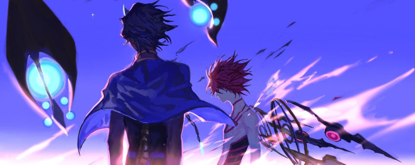 2boys, arjuna_(fate/grand_order), arjuna_alter, blue_cape, blue_hair, burning_garment_of_three_gods, cape, capelet