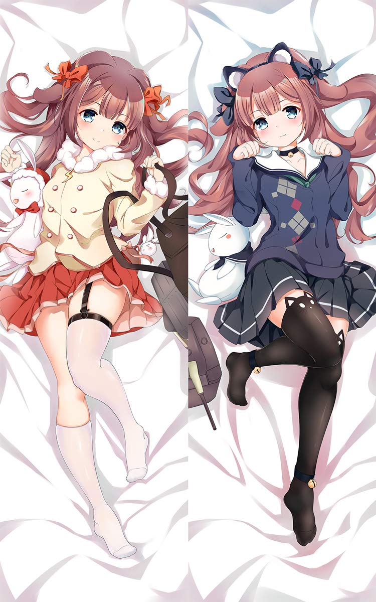 2girls, animal_ear_fluff, animal_ears, arms_up, artist_request, azur_lane, bell, black_cardigan, black_legwear, black_skirt, blue_eyes, bow, brown_hair, brown_shirt, buttons, cardigan, cat_ears, choker, clenched_hands, dakimakura, fake_animal_ears, fur_trim, garter_straps, hair_bow, highres, jingle_bell, kiyonami_(azur_lane), knee_up, kneehighs, legs, long_hair, lying, mismatched_legwear, multiple_girls, on_back, paw_pose, rabbit_ears, red_skirt, ribbon, shirt, single_kneehigh, single_thighhigh, skirt, smile, stuffed_toy, thigh-highs, thigh_strap, thighs, white_legwear