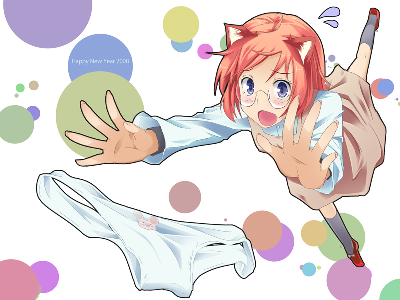 bad_id, blush, dress, falling, glasses, panties, pink_hair, print_panties
