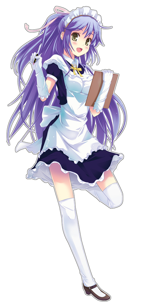blush, elbow_gloves, gloves, green_eyes, long_hair, maid, purple_hair, smile, thigh-highs, thighhighs, urichi, waitress