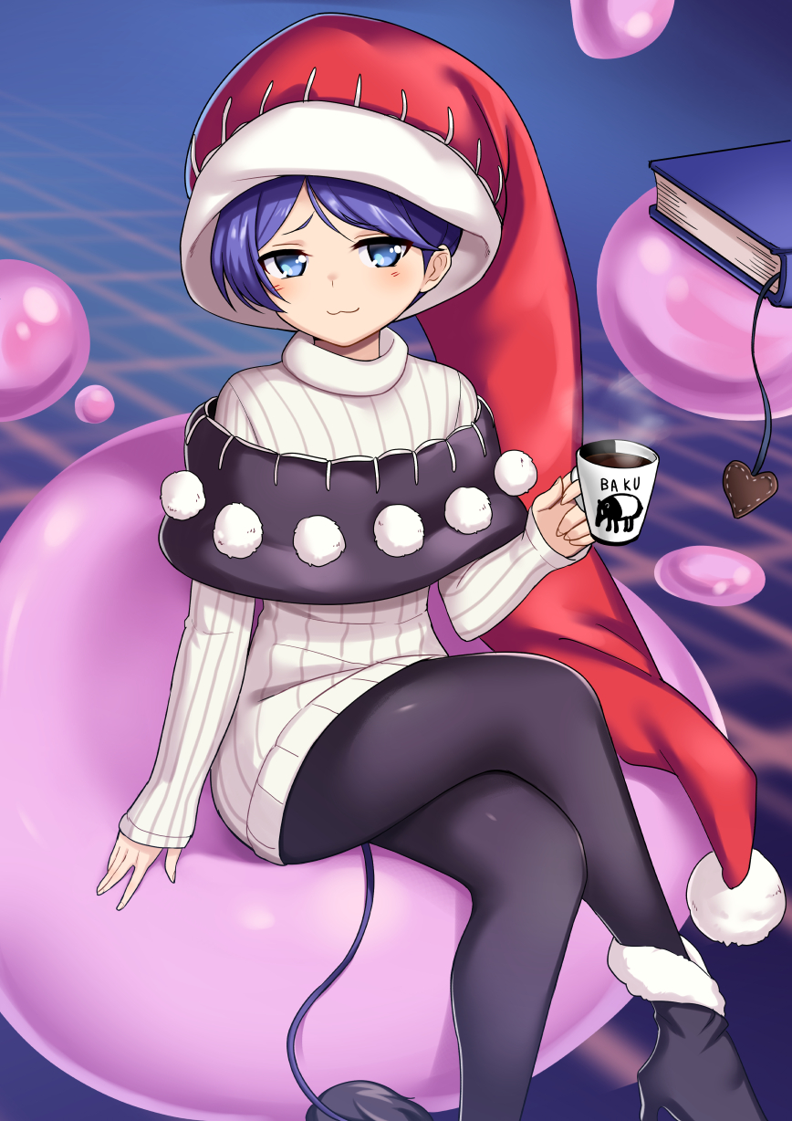 1girl, :3, black_footwear, black_legwear, blue_background, blue_eyes, blue_hair, blurry