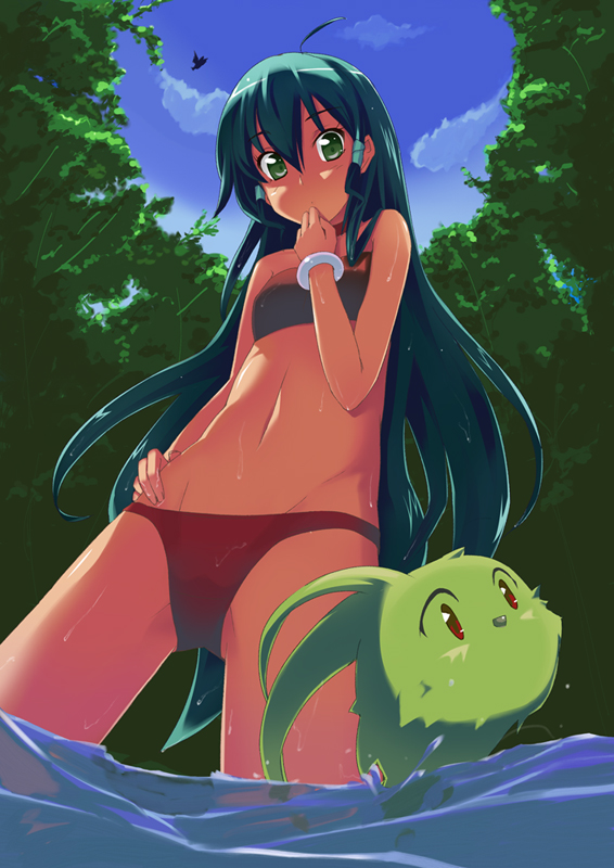 bad_id, bandeau, bikini, dark_skin, deltora_quest, filli, flat_chest, green_eyes