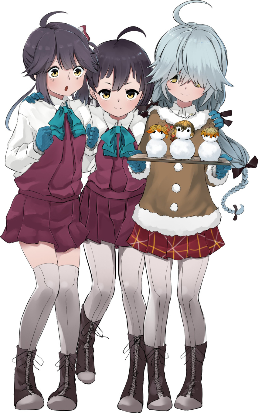 3girls, absurdres, ahoge, black_ribbon, blue_gloves, blue_neckwear, boots, bow