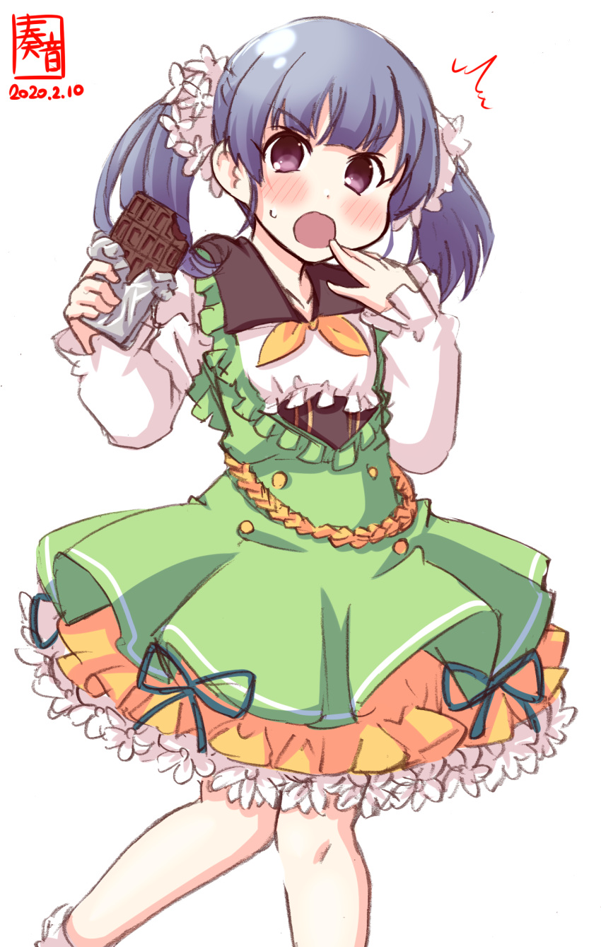 1girl, artist_logo, candy, chocolate_bar, commentary_request, cosplay, cowboy_shot, dated