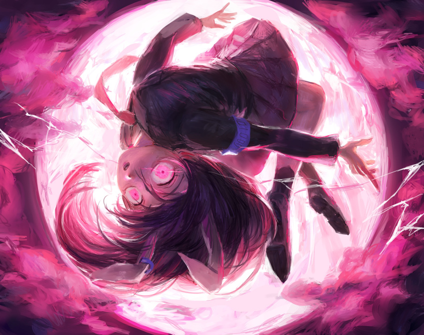 1girl, absurdres, animal_ears, arm_behind_back, armband, bangs, black_jacket, blazer, commentary_request, extra_ears, finger_gun, full_body, full_moon, glowing, glowing_eyes, hatena_(nazequestion), highres, jacket, long_hair, looking_at_viewer, moon, necktie, open_mouth, outstretched_arm, pink_eyes, pink_skirt, pink_theme, pleated_skirt, purple_hair, rabbit_ears, red_neckwear, reisen_udongein_inaba, skirt, socks, solo, touhou, upside-down, wide-eyed