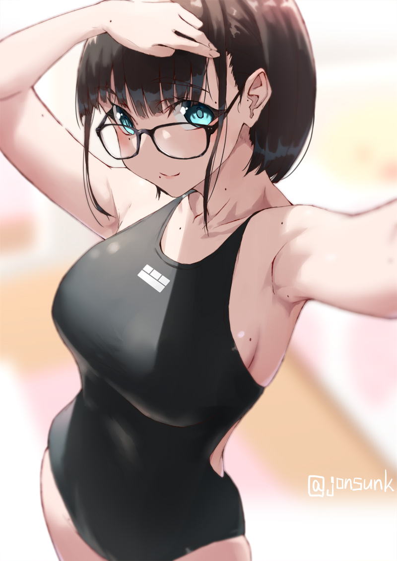 1girl, aqua_eyes, armpits, arms_up, artist_name, bangs, black-framed_eyewear, black_hair