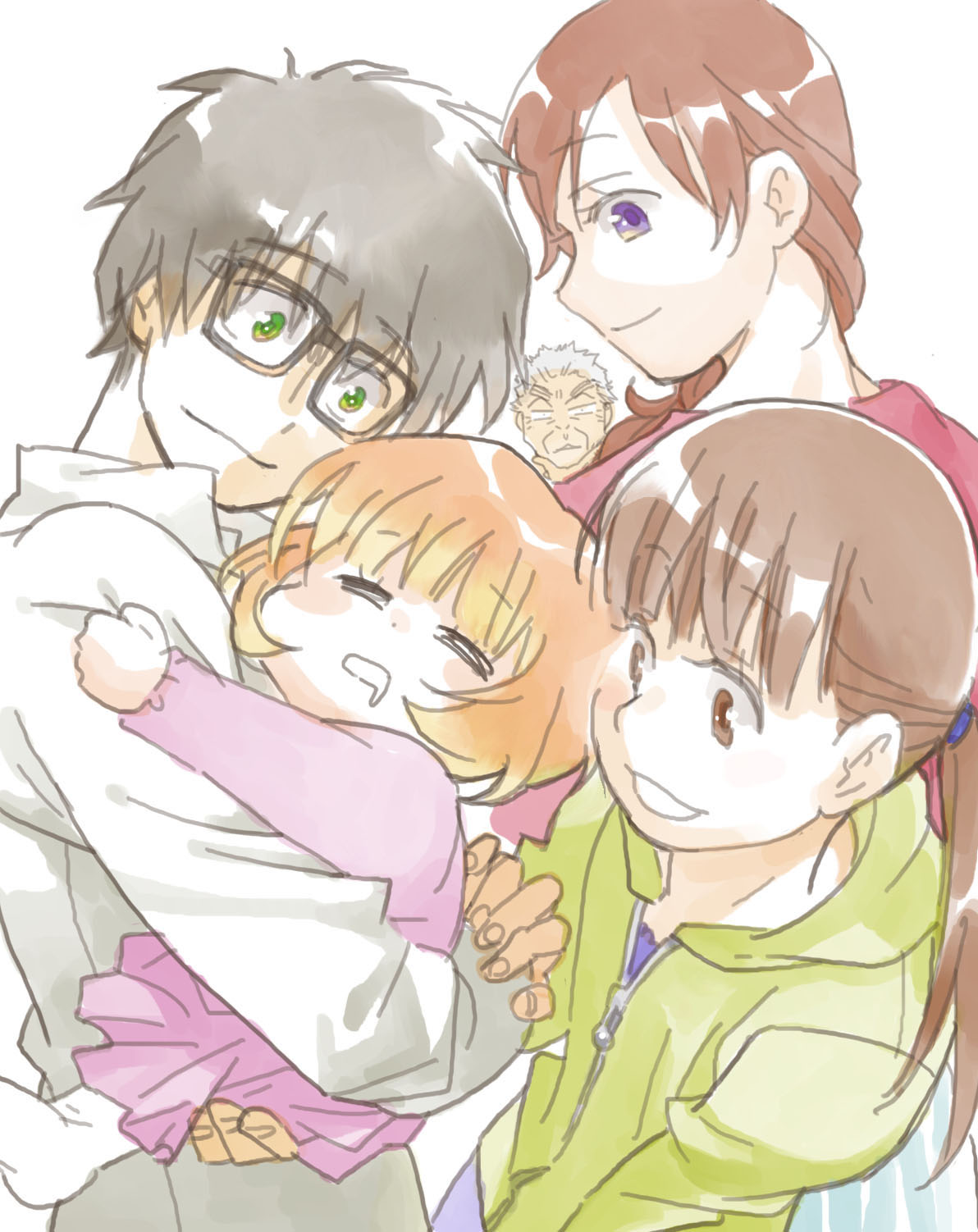 2boys, 3girls, :d, bangs, black-framed_eyewear, black_eyes, black_hair, blackfoxes