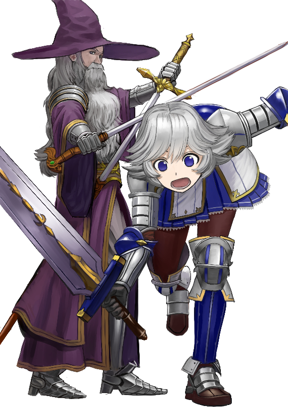 1boy, 1girl, aletheia_(granblue_fantasy), armor, beard, blue_eyes, blue_skirt, brown_legwear