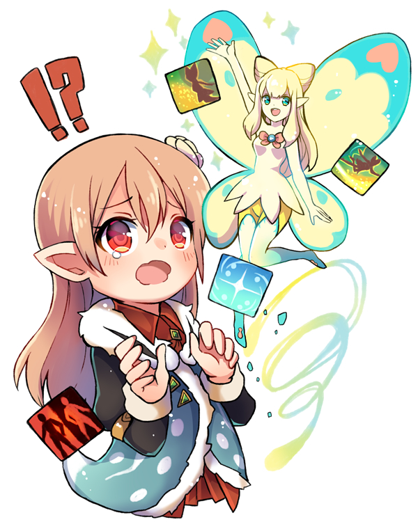 !?, 2girls, :d, arm_up, blonde_hair, blue_eyes, dress, eos_(ff14)
