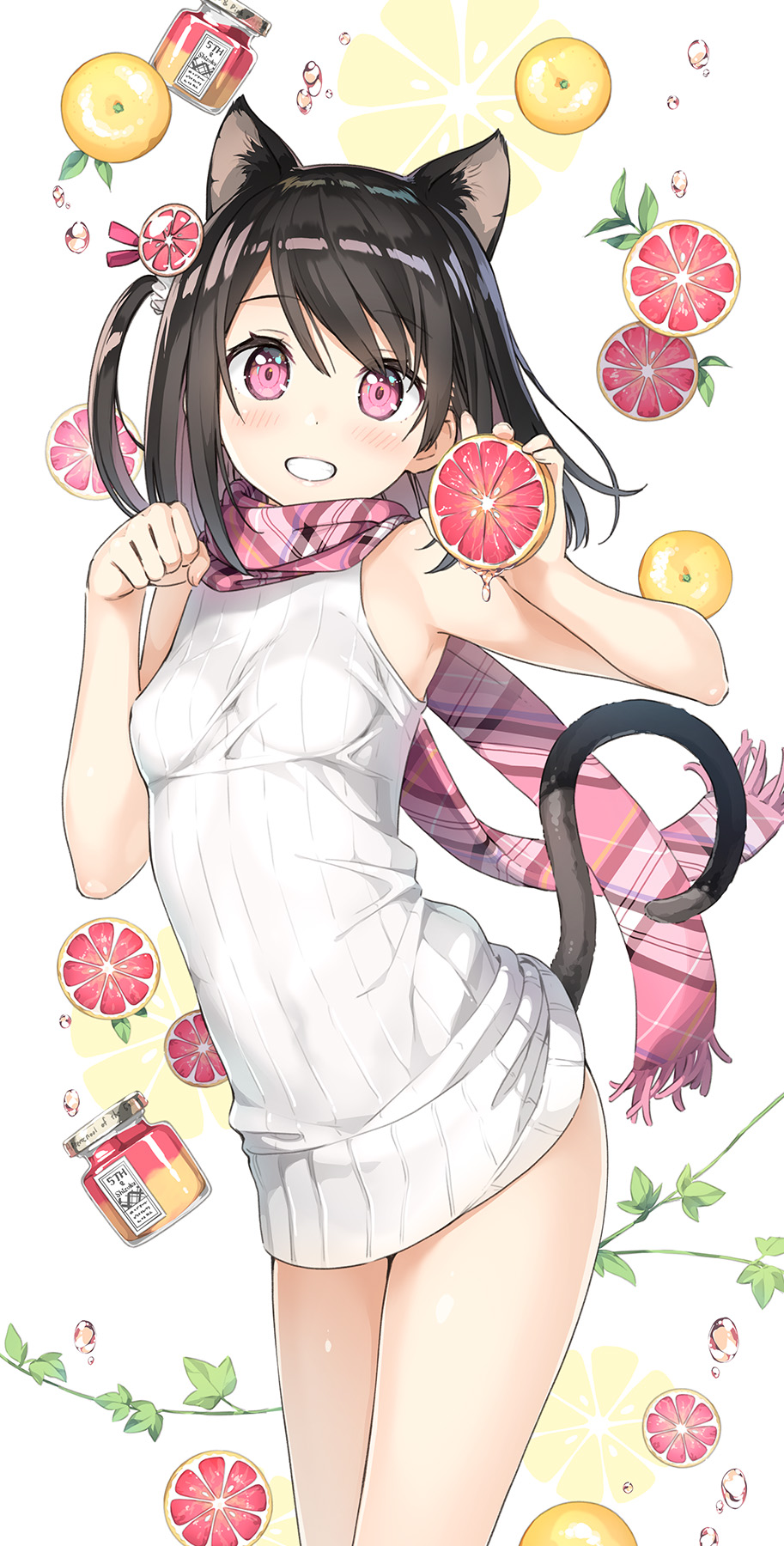 1girl, :d, animal_ears, black_hair, breasts, cat_ears, cat_tail, cowboy_shot