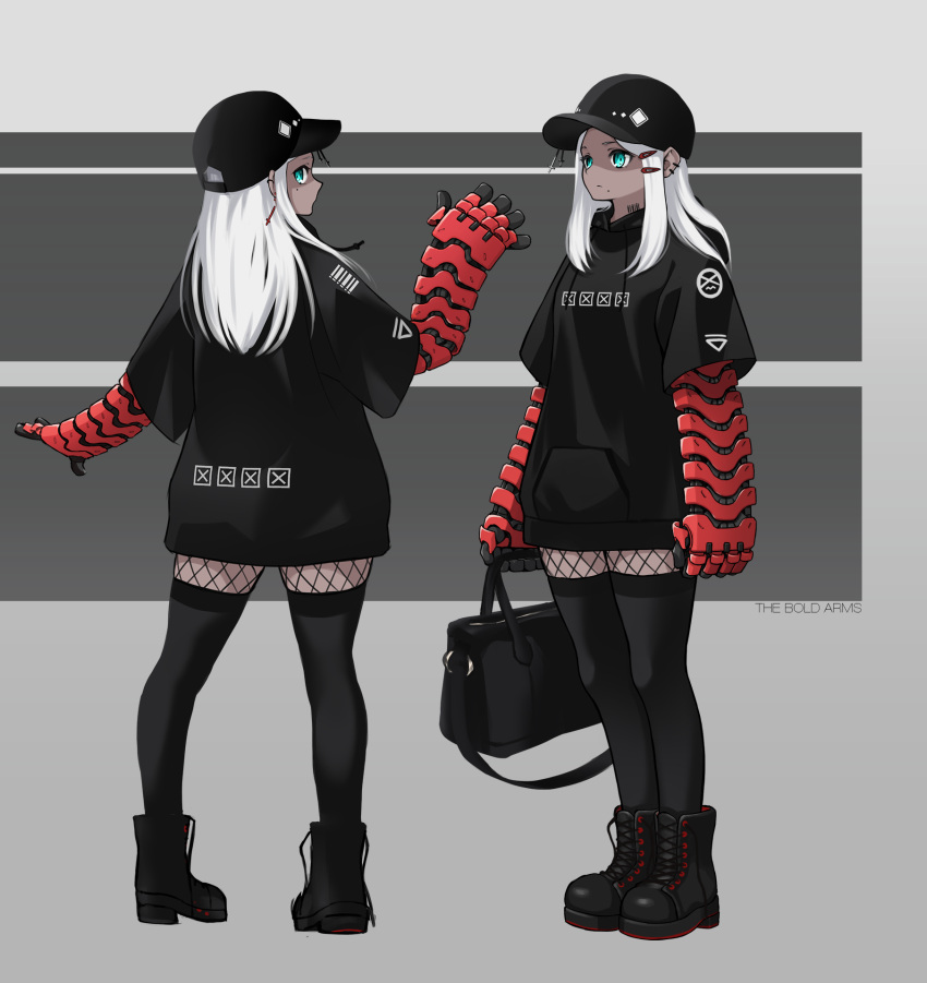 1girl, aqua_eyes, bag, barcode, barcode_tattoo, baseball_cap, boots, commentary_request, cross, cross_earrings, dark_skin, earrings, grey_background, hair_ornament, hairclip, handbag, hat, highres, hood, hoodie, jewelry, long_hair, looking_at_viewer, looking_back, mole, mole_under_mouth, multiple_views, original, prosthesis, prosthetic_arm, t-naka-s-12, tattoo, thigh-highs, two-tone_background, white_hair