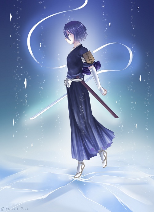 1girl, black_dress, bleach, blue_hair, dress, elsa_(g557744), from_side, full_body, hair_between_eyes, holding, holding_sword, holding_weapon, ice, katana, kuchiki_rukia, shiny, shiny_hair, short_hair, solo, sword, weapon, white_legwear